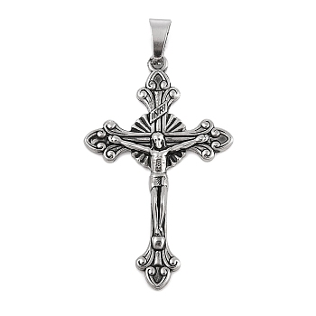 304 Stainless Steel Pendants,  Crucifix Cross Charm, Easter, Antique Silver, 53.5x33x4mm, Hole: 9.5x4.5mm