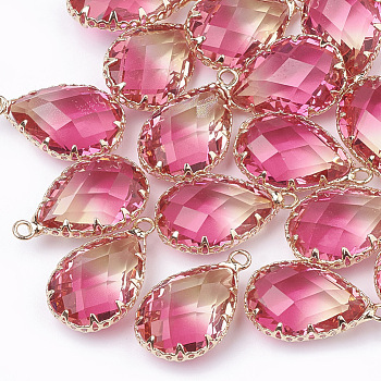 K9 Glass Pendants, Imitation Tourmaline, with Golden Tone Brass Findings, Faceted, teardrop, Hot Pink, 22~23x14x8mm, Hole: 2mm