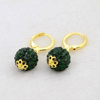 Dangling Round Ball Resin Rhinestone Earrings, with Golden Plated Brass Leverback Hoop Earring Settings, Emerald, 30mm, Pin: 1mm