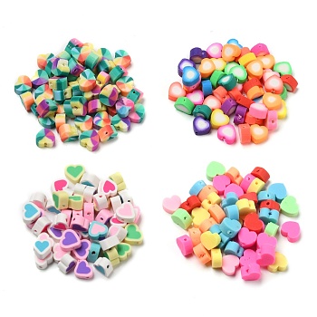 Nbeads 200Pcs 4 Style Handmade Polymer Clay Beads, Heart, Mixed Color, 9~10x10~11x4~5mm, hole: 1.2~2mm, 50pcs/style