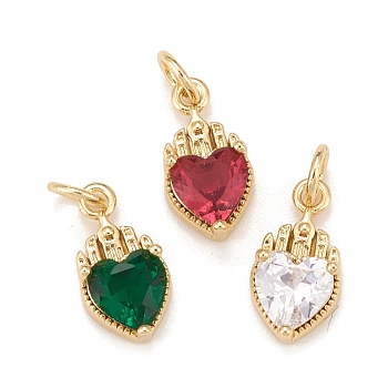 Brass Inlaid Clear Cubic Zirconia Charms, Real 18K Gold Plated, Lead Free & Cadmium Free, Heart, Mixed Color, 14x7x4mm, Hole: 3mm