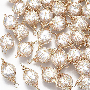ABS Plastic Imitation Pearl Wire Wrapped Pendants, with Light Gold Plated Brass Wire, Teardrop, Creamy White, 34x14~15x14~15mm, Hole: 2mm