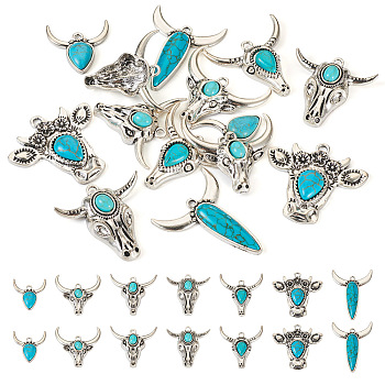 Pandahall 14Pcs 7 Styles Synthetic Turquoise Pendants, with Alloy Findings, Cattle Head Charms, Antique Silver, 26~41.5x25.5~41x5~9mm, Hole: 2~3mm, 2pcs/style