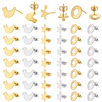 DICOSMETIC 16Pairs 4 Style Moon & Star 304 Stainless Steel Stud Earring Findings, with 8Pair 2 Style Ring Shape 201 Stainless Steel Stud Earring Findings, with 304 Stainless Steel Pin, Golden & Stainless Steel Color, 10.5~14.5x8.5~10.5x0.5~1mm, 4pairs/style