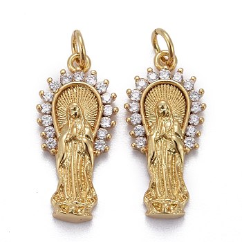 Brass Micro Pave Clear Cubic Zirconia Pendants, Long-Lasting Plated, for Religion, with Jump Rings, Virgin Mary, Real 18K Gold Plated, 23x10.5x3.5mm