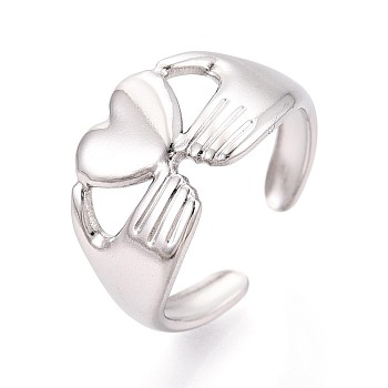 Adjustable 304 Stainless Steel Cuff Rings for Women, Hand & Heart, Stainless Steel Color, 11.5mm, US Size 7 1/4(17.5mm)