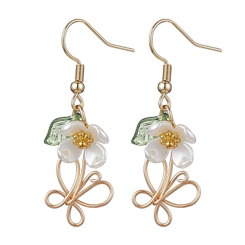 Brass Wire Wrap Butterfly Dangle Earrings, with Acrylic Flower, Golden, 43mm