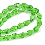 Transparent Glass Beads Strands, Faceted, Teardrop, Lawn Green, 11x8mm, Hole: 1.4mm, about 58pcs/strand, 25.20''(64cm)(GLAA-WH0030-32C-21)