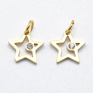 316 Surgical Stainless Steel Pendants, with Cubic Zirconia, Long-Lasting Plated, Star, Clear, Real 18K Gold Plated, 14x14x2mm, Hole: 3mm(STAS-K178-01A-G)