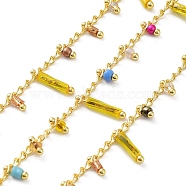 Real 18K Gold Plated Brass Curb Chains, with Glass Rondelle & Column Charms, Soldered, with Spool, Colorful, 3x1.8x0.3mm, about 32.81 Feet(10m)/Roll(CHC-C001-11G)