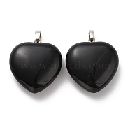 Natural Obsidian Pendants, Heart Charms, with Rack Plating Platinum Tone Brass Snap on Bails, 32~33x30~31x12~13mm, Hole: 5x8mm(G-B042-02P-10)