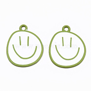 Spray Painted Alloy Pendants,  Cadmium Free & Lead Free, with White Enamel, Smiling Face, Yellow Green, 24x20x1mm, Hole: 2mm(ENAM-S127-026B-RS)