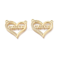 Hollow Brass Micro Pave Cubic Zirconia Links, Long-Lasting Plated, for Mother's Day, Heart with Word Mama, Real 18K Gold Plated, 21x22x2mm, Hole: 1.4mm(ZIRC-H700-17G)