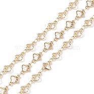 Brass Heart Link Chains, with Clear Cubic Zirconia, Soldered, with Spools, Cadmium Free & Lead Free, Real 14K Gold Plated, 6x9x2mm(CHC-P009-01G)