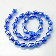 Electroplate Glass Beads Strands, AB Color Plated, Faceted Teardrop, Deep Sky Blue, 15x10mm, Hole: 1mm, 50pcs/strand, 27.1 inch(EGLA-D015-15x10mm-12)