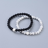 Feng Shui Natural Black Agate & Natural Howlite Beaded Stretch Bracelets, with 925 Sterling Silver Beads and Jewelry Box, Flat Round with Yin Yang, 2-1/8 inch(55mm), 2pcs/set(BJEW-JB05022-02)