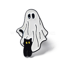 Ghost with Black Cat Alloy Enamel Brooch, Halloween Pins, White, 29.5x20x1.5mm(JEWB-E034-02EB-02)