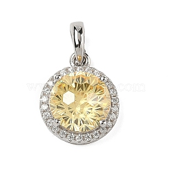 925 Sterling Silver Pave Cubic Zirconia Pendants, Flat Round Charms, Platinum, Rhodium Plated, Yellow, 16x13x7mm, Hole: 5x4mm(STER-B009-01B-02)