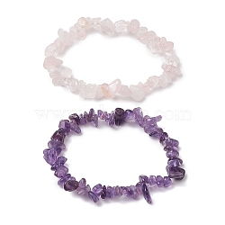 2Pcs 2 Style Natural Rose Quartz & Amethyst Chips Beaded Stretch Bracelets Set, Stackable Bracelets, Inner Diameter: 2 inch(5.2cm), 1Pc/style(BJEW-JB11088)