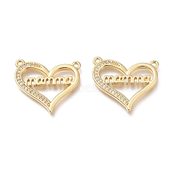 Hollow Brass Micro Pave Cubic Zirconia Links, Long-Lasting Plated, for Mother's Day, Heart with Word Mama, Real 18K Gold Plated, 21x22x2mm, Hole: 1.4mm(ZIRC-H700-17G)