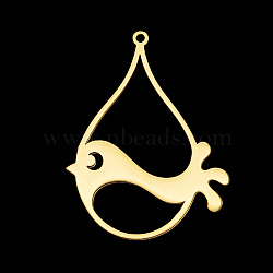 PVD Vacuum Plating 201 Stainless Steel Pendants, Laser Cut, Teardrop with Bird, Golden, 40x30.5x1mm, Hole: 1.5mm(STAS-T056-LA706-2)