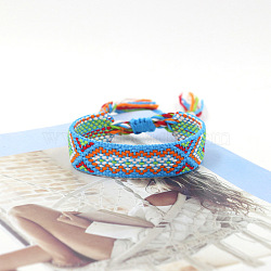 Polyester Braided Rhombus Pattern Cord Bracelet, Ethnic Tribal Adjustable Brazilian Bracelet for Women, Deep Sky Blue, 5-7/8 inch(15cm)(FIND-PW0013-004A-14)
