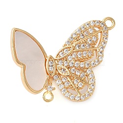 Brass Micro Pave Clear Cubic Zirconia with Natural Shell Fold Over Clasps, Butterfly, Real 18K Gold Plated, 19.5x22.5x10mm, Hole: 1mm & 1.4mm(KK-G505-28G)