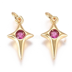 Brass Micro Pave Cubic Zirconia Charms, with Jump Ring, Long-Lasting Plated, Twinkling Star, Golden, Hot Pink, 14x7x2.5mm, Hole: 3mm(ZIRC-G168-53G-03)