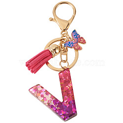 Alloy Resin Butterfly Keychains, with Lobster Claw Clasps, Golden, with Glitter Powder, Letter V, 100mm(KEYC-TADJ0002-02G-V)