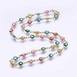 304 Stainless Steel Chain Necklaces, with Enamel and Lobster Claw Clasps, Ion Plating (IP), Flat Round with Evil Eye, Golden, 17.7 inch(45cm)(STAS-P164-32G)