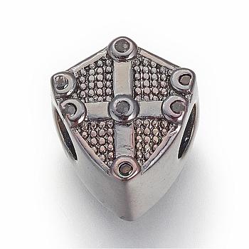 Brass Cubic Zirconia European Beads, Shield, Gunmetal, 11.5x10.5x8mm, Hole: 4mm