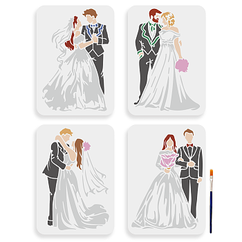 US 1 Set Wedding Theme PET Hollow Out Drawing Painting Stencils, for DIY Scrapbook, Photo Album, Word Faith Love Hope Family, Human, Beach with 1pc Art Paint Brushes, Human, 297x210mm, 4pcs/set