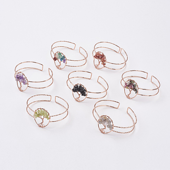 Natural Gemstone Chip Bead Cuff Bangles, with Rose Gold Tone Brass Findings, (2 inchx2-1/4 inch~2-3/8 inch)50x58~62mm