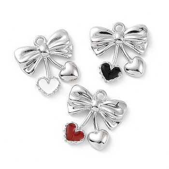 Rack Plating Alloy Enamel Pendants, Bowknot with Heart Charms, Mixed Color, 19.5x19x3.5mm, Hole: 2mm
