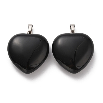 Natural Obsidian Pendants, Heart Charms, with Rack Plating Platinum Tone Brass Snap on Bails, 32~33x30~31x12~13mm, Hole: 5x8mm