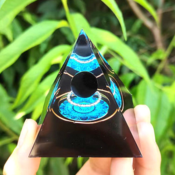 Resin Orgonite Pyramid Home Display Decorations, with Natural Gemstone Chips, Cyan, 60x60x60mm