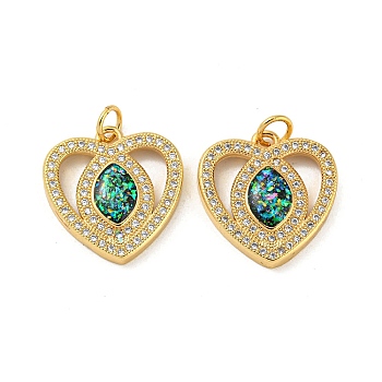 Valentine's Day Brass Micro Pave Cubic Zirconia with Synthetic Opal Pendants, with Jump Ring, Flat Round, Real 18K Gold Plated, 18.5x18x3.5mm