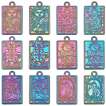 12Pcs 6 Style Rack Plating Rainbow Color Alloy Pendants, Cadmium Free & Nickel Free & Lead Free, Tarot Charms, 23.5x14.5x1.5mm, Hole: 1.8mm, 2pcs/style