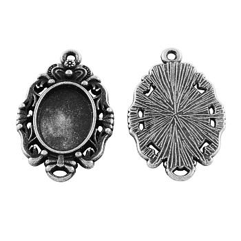 Tibetan Style Alloy Oval Cabochon Connector Settings, Cadmium Free & Lead Free, Antique Silver, Tray: 14x10mm, 30x19x2mm, Hole: 2mm