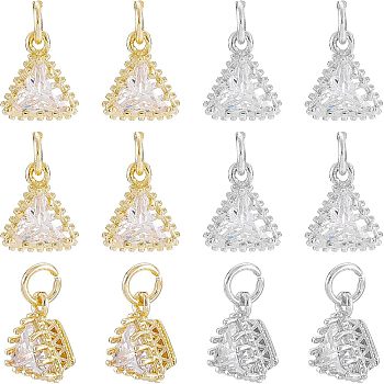 SUPERFINDINGS 12Pcs 2 Colors Brass Clear Cubic Zirconia Pendants, Long-Lasting Plated, Triangle, Mixed Color, 10x9x5.5mm, Hole: 3.4mm, 6pcs/color