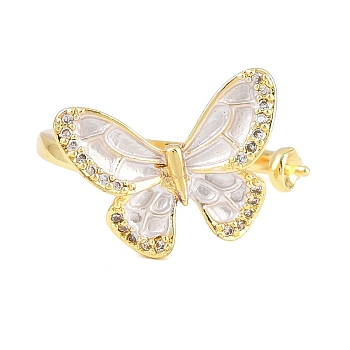 Butterfly Brass Micro Pave Cubic Zirconia & Enamel Cuff Ring Settings, for Half Drilled Beads, Long-Lasting Plated, Lead Free & Cadmium Free, Golden, Inner Diameter: 15.5mm, Tray: 2.5mm, Pin: 0.9mm