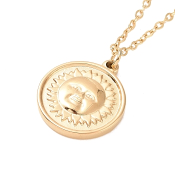 Ion Plating(IP) 304 Stainless Steel Sun Coin Pendant Necklace for Women, Golden, 17.64 inch(44.8cm)