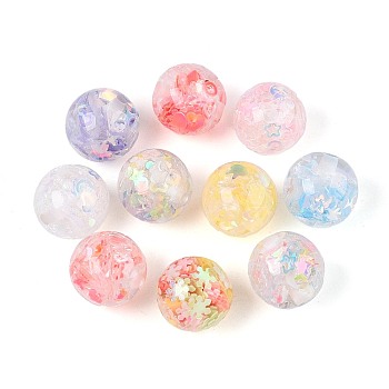 Transparent Resin Beads, Round, with Paillette, Mixed Color, 16mm, Hole: 2mm