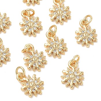 SHEGRACE Brass Micro Pave Cubic Zirconia Pendants, Cadmium Free & Nickel Free & Lead Free, Sun Charms, Clear, Real 18K Gold Plated, 10.5x7.5x2mm, Hole: 2.5mm