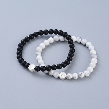 Feng Shui Natural Black Agate & Natural Howlite Beaded Stretch Bracelets, with 925 Sterling Silver Beads and Jewelry Box, Flat Round with Yin Yang, 2-1/8 inch(55mm), 2pcs/set