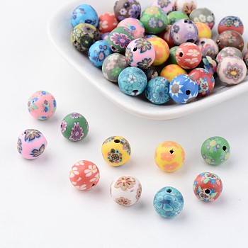 Handmade Polymer Clay Beads, for DIY Jewelry Crafts Supplies, Mixed Color, Round, about 10mm in diameter, hole: 2mm