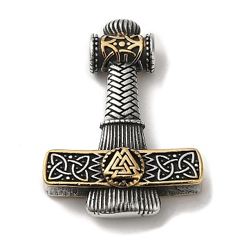 Viking 304 Stainless Steel Pendants, Thor's Hammer with Valknut Charm, Antique Silver & Golden, 46.5x34x10.5mm, Hole: 5mm