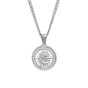 Stainless Steel Micro Pave Clear Cubic Zirconia Sun with Moon Pendant Necklaces for Women, Stainless Steel Color, 17.72 inch(45cm), Pendant: 20mm