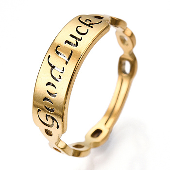 Ion Plating(IP) 304 Stainless Steel Word Good Luck Adjustable Ring for Women, Real 18K Gold Plated, US Size 6 1/2(16.9mm)