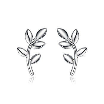 Leaf Sterling Silver Stud Earrings, Silver, 13x6mm